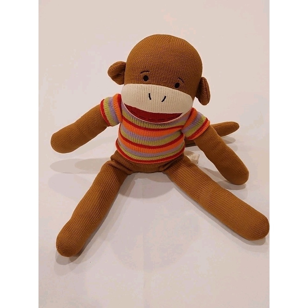 Brown Sock Monkey Plush 19" Stripe Sweater Orange Red Stuffed Dan Dee Mint - Picture 3 of 9